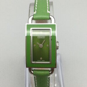 Coach Darcy Watch Women 16mm Silver Tone Green Leather Band New Battery